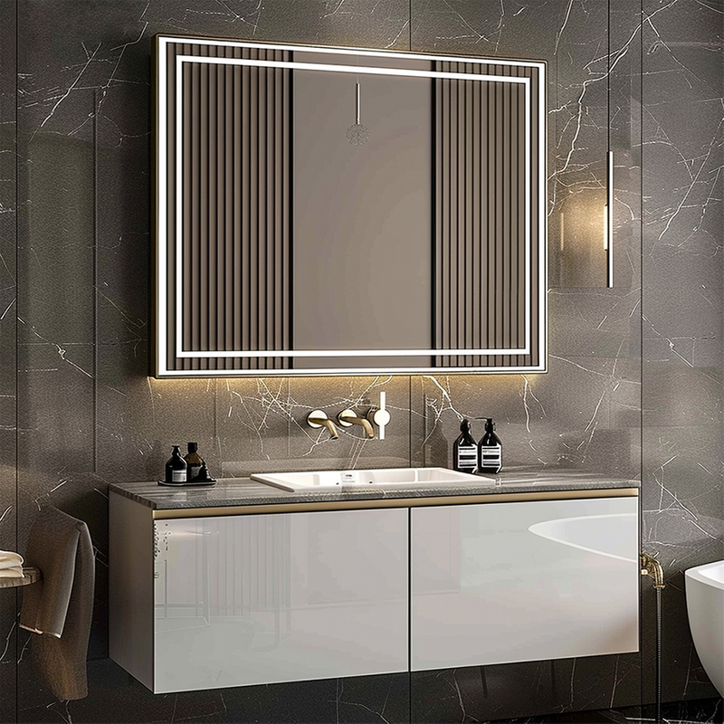 Fiesono High-Tech Square Custom Frameless Smart Bathroom Mirror with Adjustable Lights