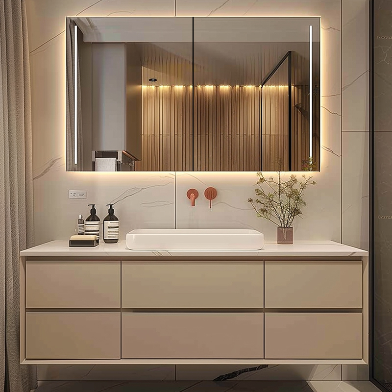 Modern & Contemporary Aluminum Bathroom Cabinet with Mirror & Lights - Stylish Storage Solution for Your Bathroom