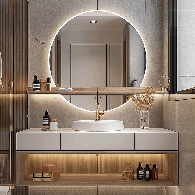 Fiesono Custom Lighted Affordable Smart Round Bathroom Mirrors with Bluetooth Connectivity