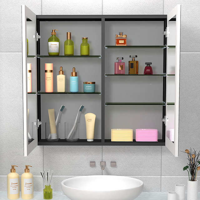 Fiesono Wall-mounted Aluminum Adjustable Lighted Led Mirror Bathroom Storage Medicine Cabinet With Adjusted Shelves