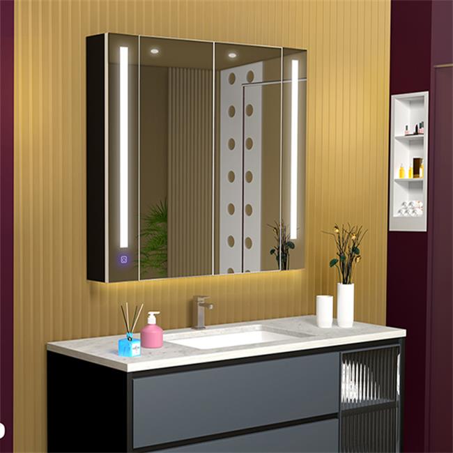 White Industrial Aluminum Bathroom Surface Mountable Double Door Mirror Lighted Medicine Cabinet with Defogger 