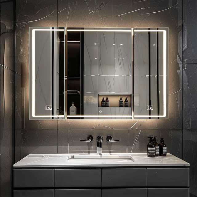 FIesono Double Door Aluminum Bathroom Cabinet with LED Lighting