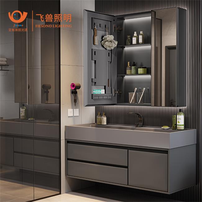 Fiesono Hotel Modern High Quality Stylish Custom Bathroom Aluminum Mirror LED Cabinet 